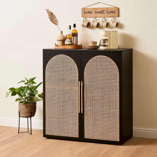 Mobile da ingresso in legno e rattan, colore nero