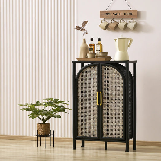 Mobile da ingresso in legno e rattan, colore nero