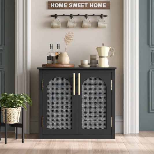 Mobile da ingresso in legno e rattan, colore nero