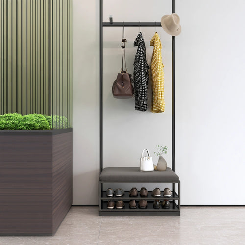 Black metal shoe bench with padded seat and coat hooks, modern hall tree for entryway organization by QuarryQuarter.