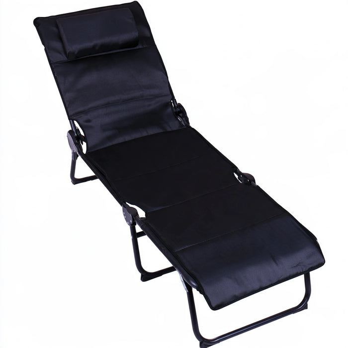 Black and white folding garden chaise lounge by QuarryQuarter, outdoor sunbed perfect for relaxing in the garden.